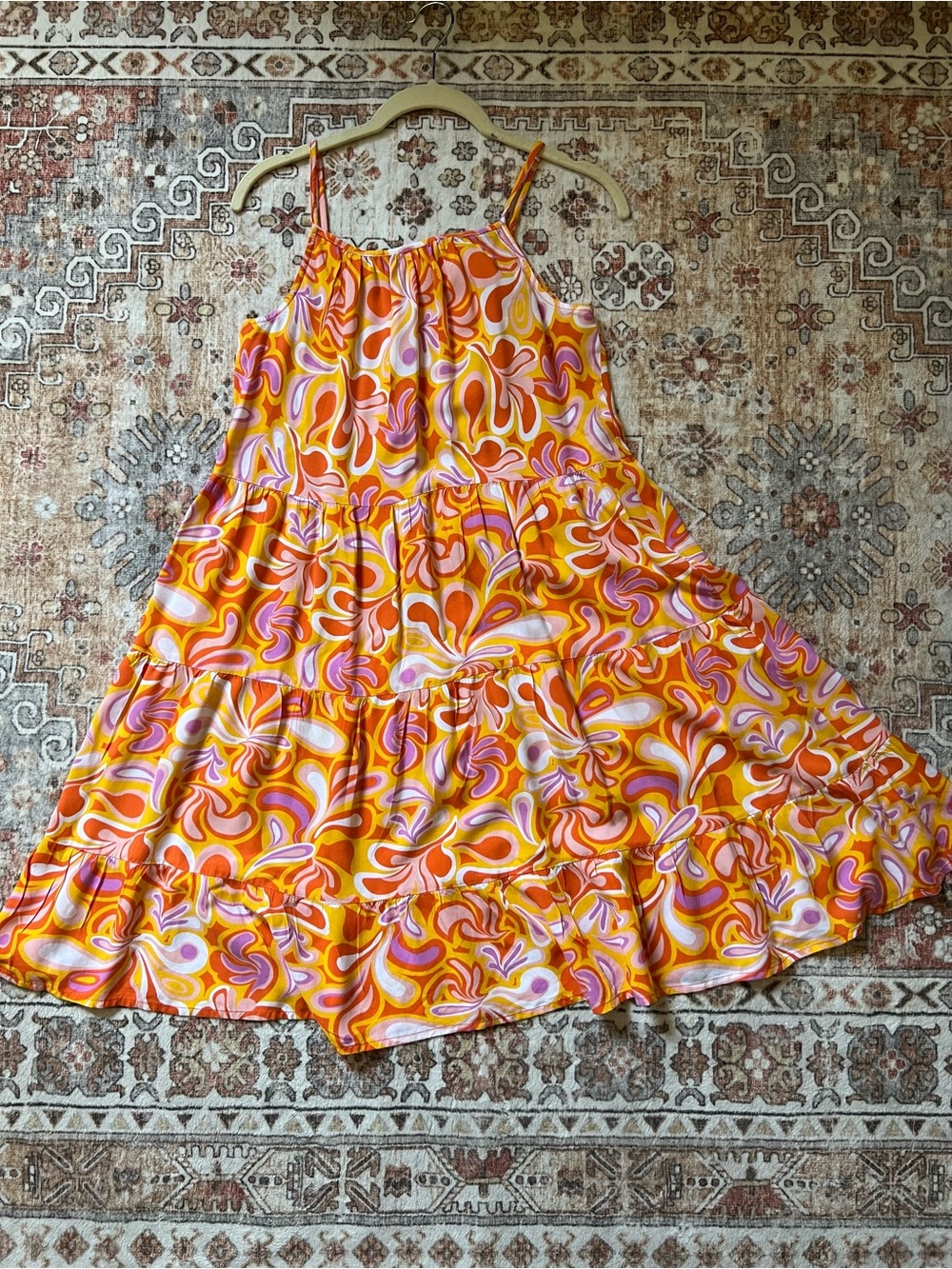 Primark Yellow Orange Pink Swirl Tiered Sundress
